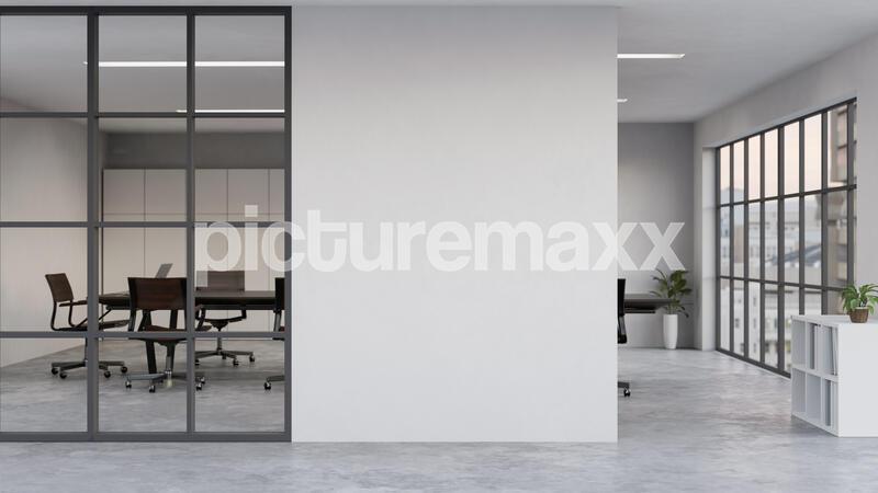 Modern office corridor or hallway interior design with empty space over the white wall and the meeting room in the background though the glass window. 3d rendering, 3d illustration, 57.99 MB, <<>> MB1