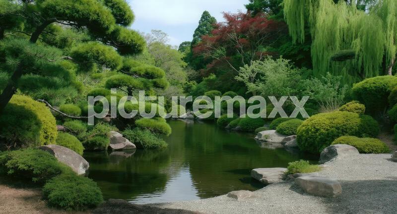 A beautiful Japanese garden featuring a calm pond surrounded by lush greenery and carefully manicured trees.