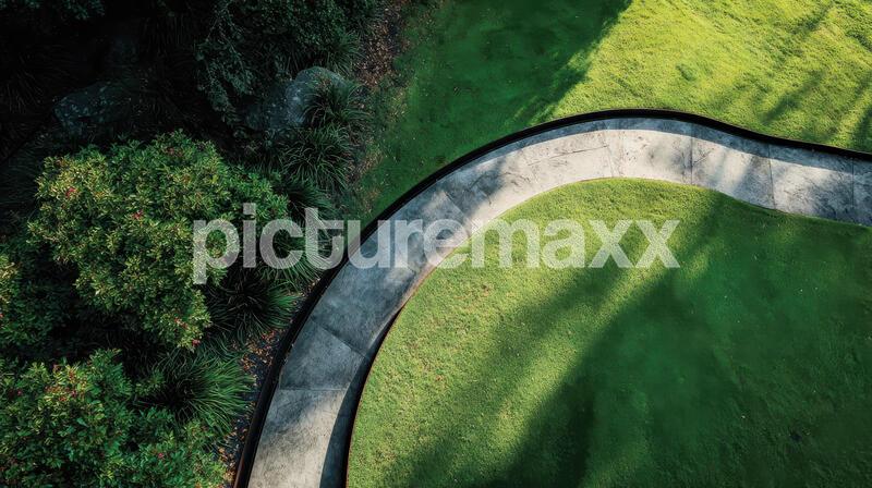 Curved concrete pathway separates bright green lawn from shaded, dense dark shrubs and plants, photographed from above to emphasize contrast, texture and serene garden design