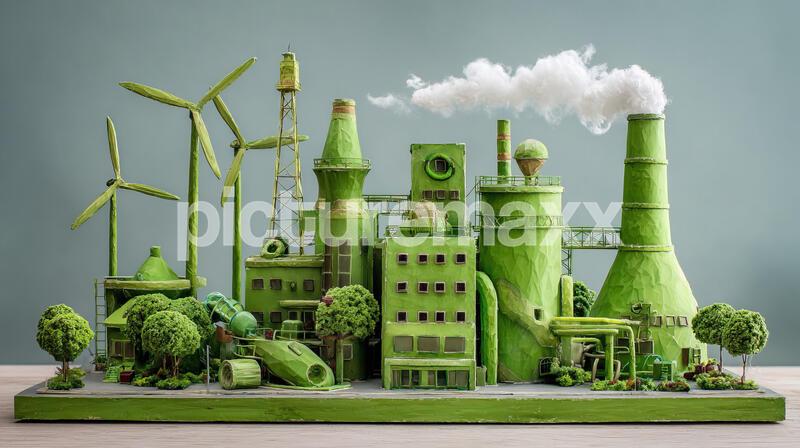 A miniature green industrial complex with wind turbines and trees, blending eco-friendly elements with traditional factory design.