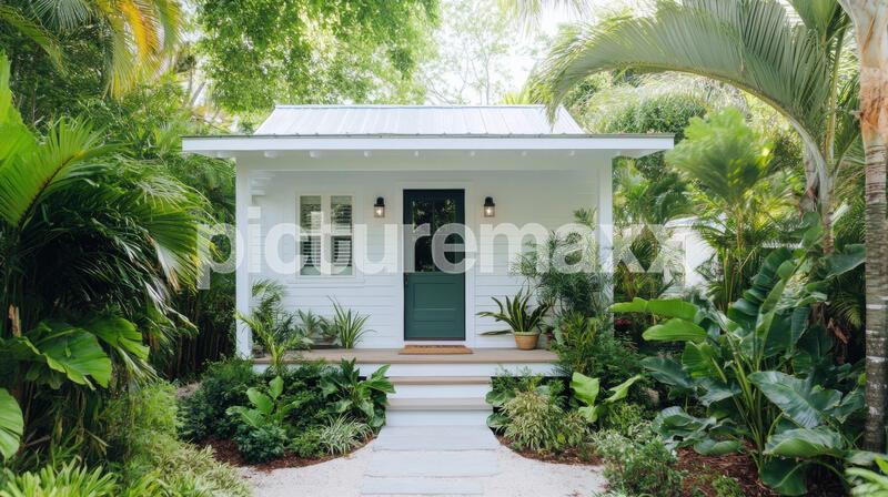 A Cozy tiny home with inviting porch surrounded by lush greenery and tropical plants