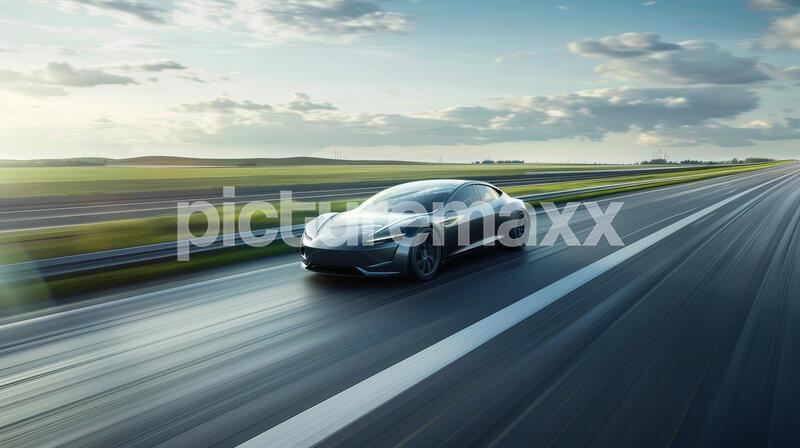 Modern electric sports car drives fast on an open road. Speed, innovation, and futuristic automotive design. Luxury mobility, and perfect fusion of power, efficiency, and eco-conscious transportation.