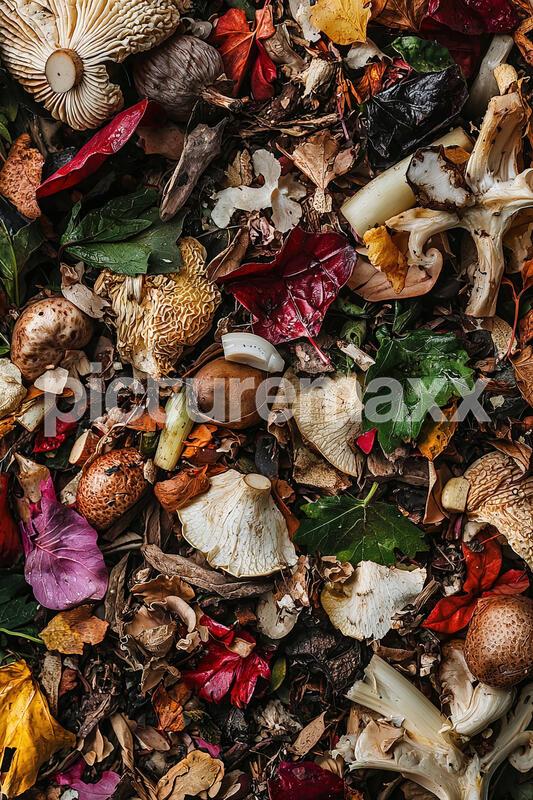 closeup photo of different organic food waste top view with soft overhead lighting