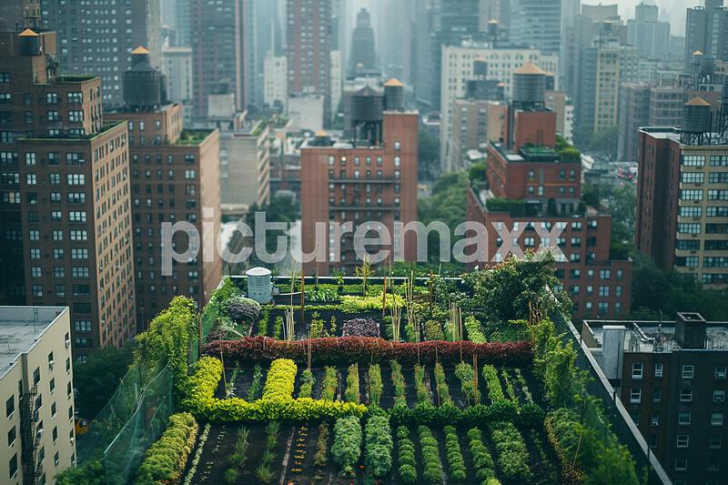 A photo of a rooftop garden in a city with fresh green vegetables growing in wooden boxes.