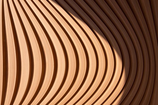 Evenly curved, parallel wooden slats in sunlight.