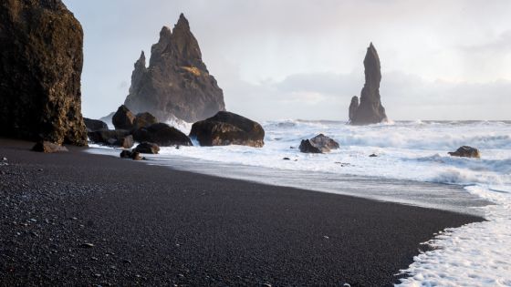 Black sand beach and sea rocks