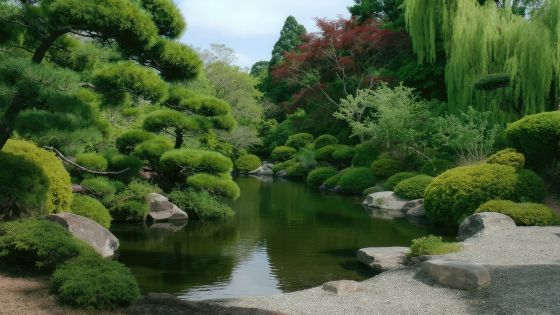 Serene japanese garden with tranquil pond.