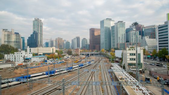 High-speed bullet trains at Seoul station in Seoul, South Korea.