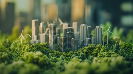 Miniature green city with wind turbines set on a table blur background