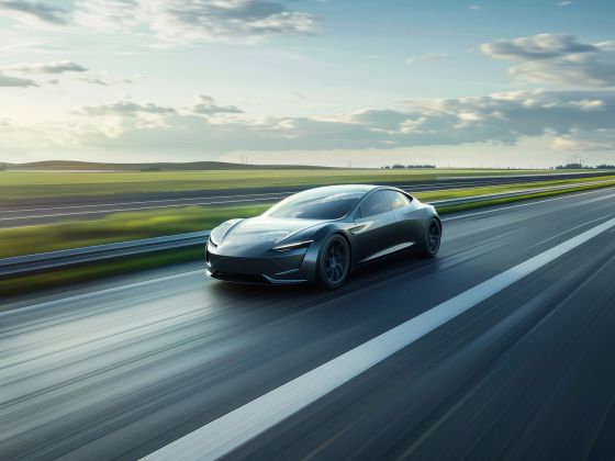 Modern electric sports car drives fast on an open road