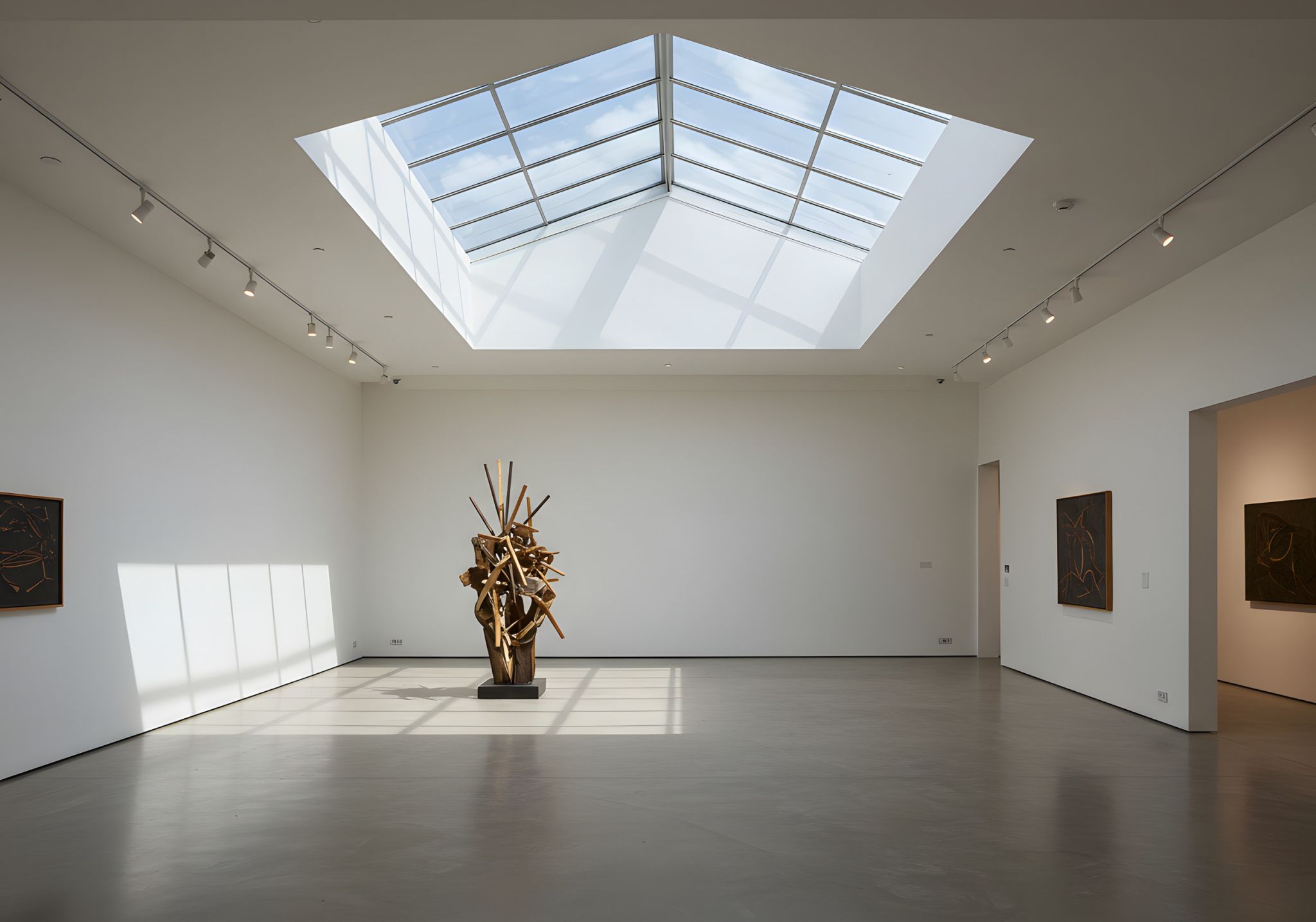 Art gallery exhibition featuring sculpture and paintings.