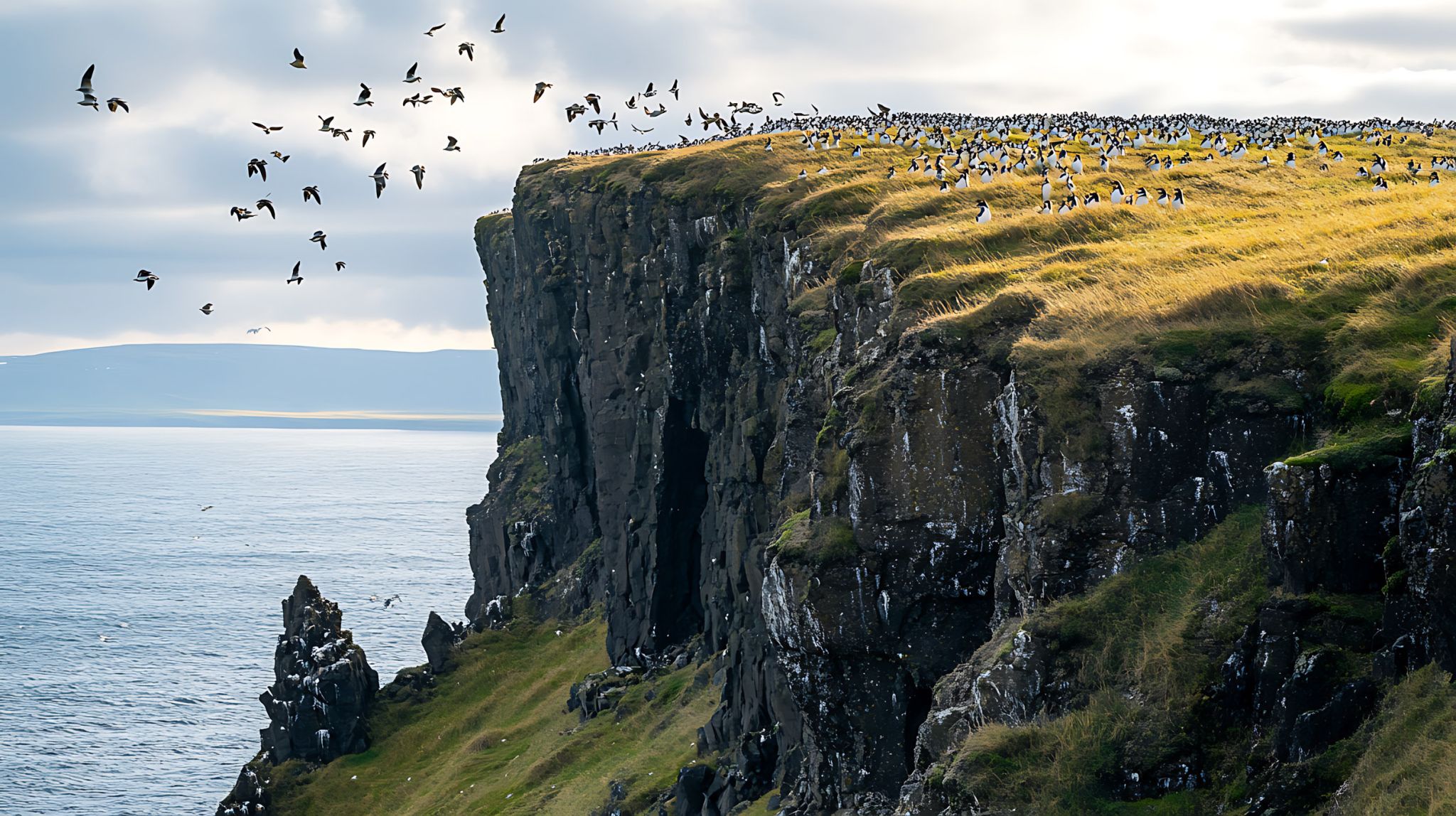 Birds nesting on a cliffside in Iceland.
