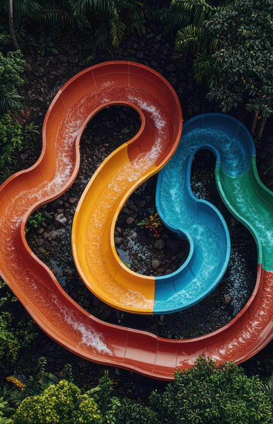 Aerial view of colorful water slide, nestled in lush tropical greenery. AI generated.