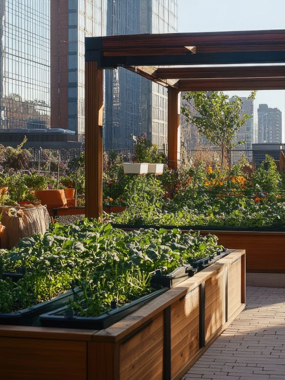 A small-scale urban farm growing fresh vegetables sustainably on a rooftop.