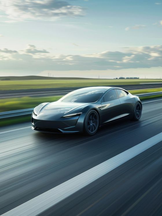 Modern electric sports car drives fast on an open road