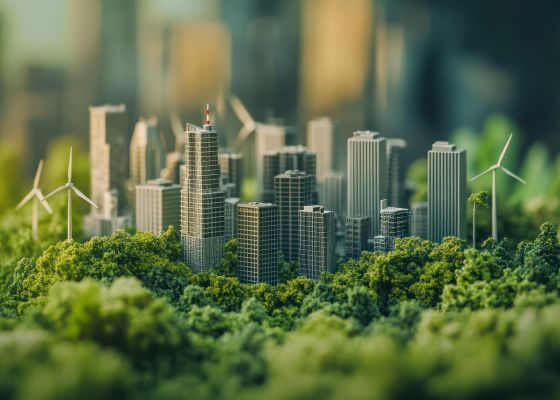 Miniature green city with wind turbines set on a table blur background