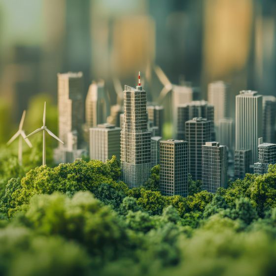 Miniature green city with wind turbines set on a table blur background